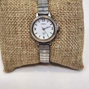 Carriage by Timex Ladies Silver Tone Stretch Band Watch Wristwatch Round Works.